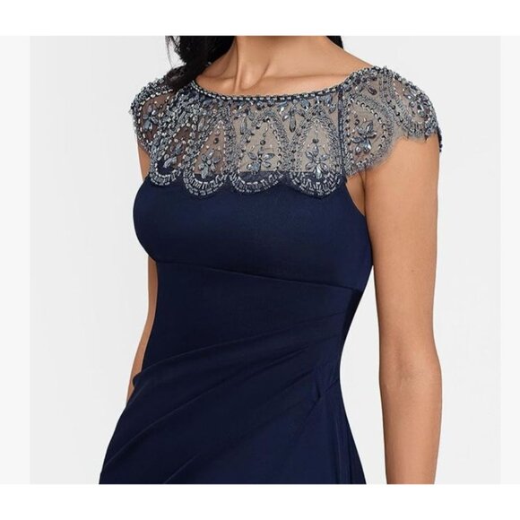 Xscape Cap-Sleeve Beaded Yoke Sheer Gown By Davids Bridal Sz 16 Ruched Navy NWT - Picture 3 of 12